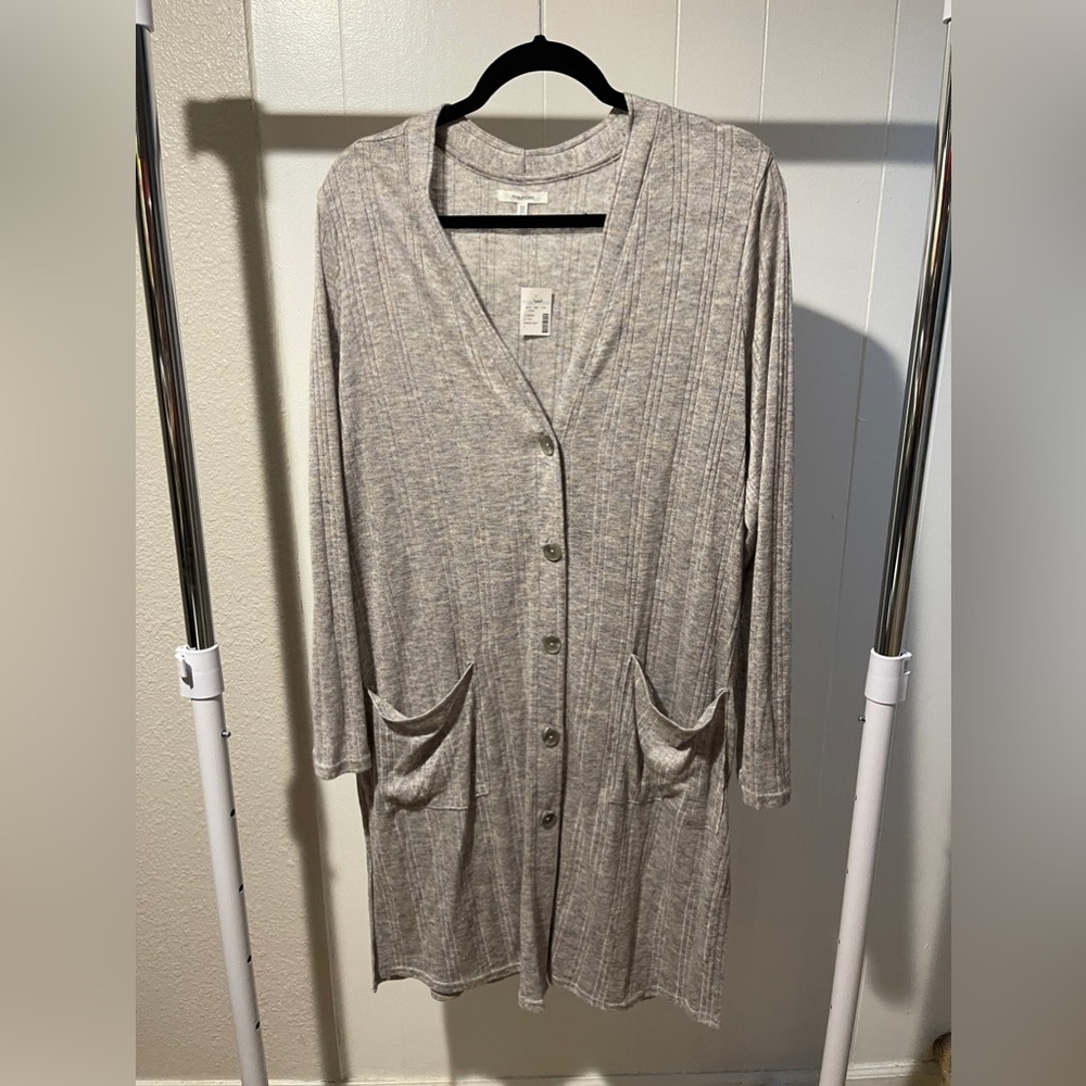 Plus Size Ribbed Button Gray Down Duster Cardigan